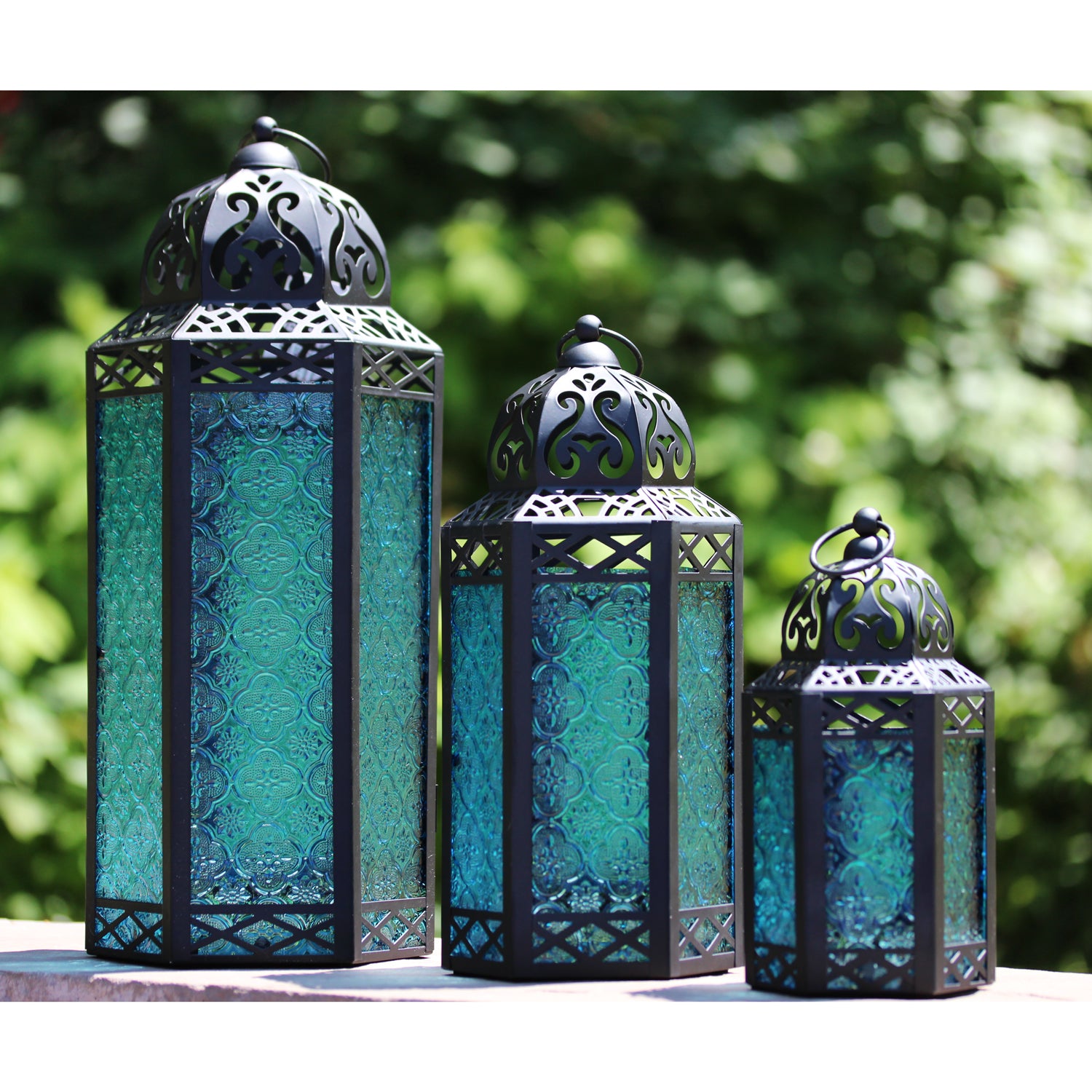 Decorative Candle Lantern Set for Home Decor， Blue Glass