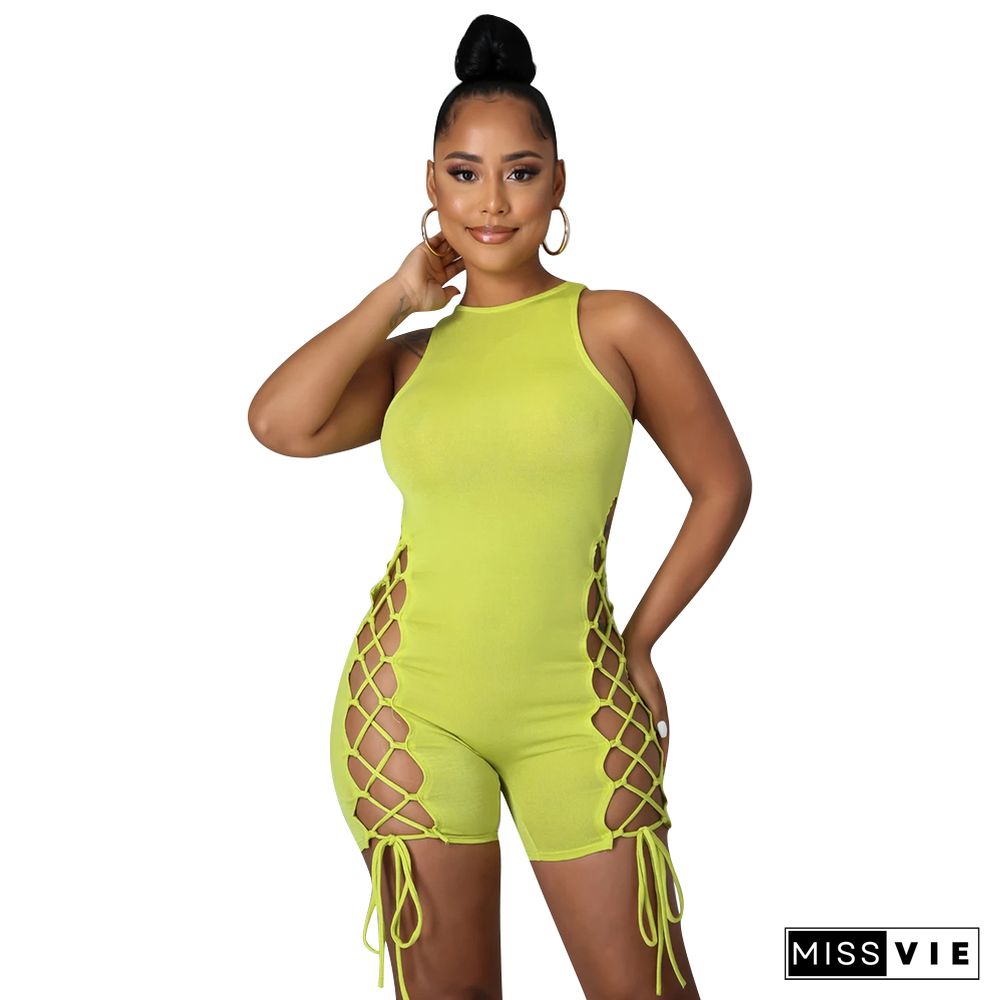 Sleeveless O Neck Hollow Out Bandage Bodycon Romper