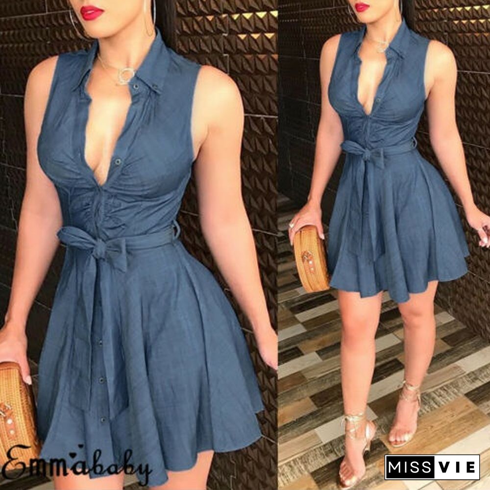 Womens Dress Sexy Big V Neck Sleeveless Club Party Denim Jeans Bandage Bodycon Mini Dress