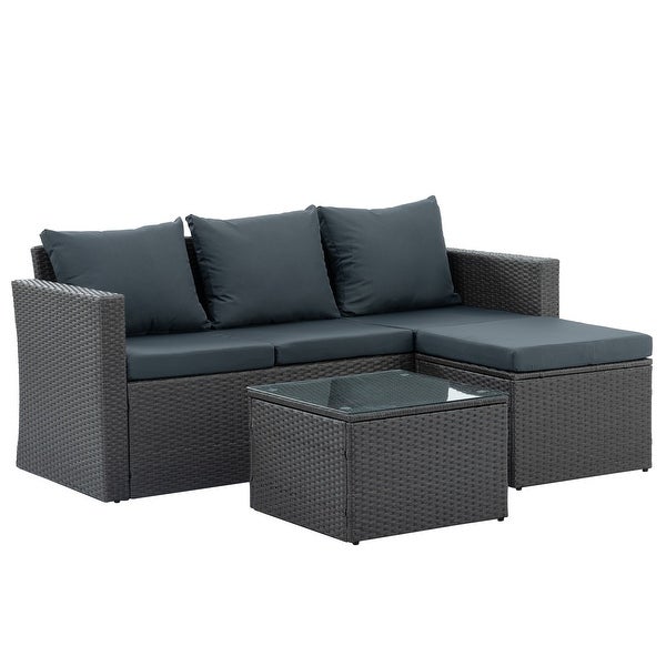 3 Pcs Outdoor Sectional Sofa， PE Rattan Couch Sofa Set with Ottoman， Cushions and Tempered Glass Desktop， Wicker Conversation Set - Overstock - 37952183