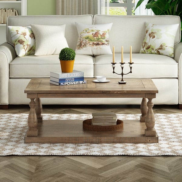 Rustic Solid Pine Wood Floor Shelf Coffee Table with Storage