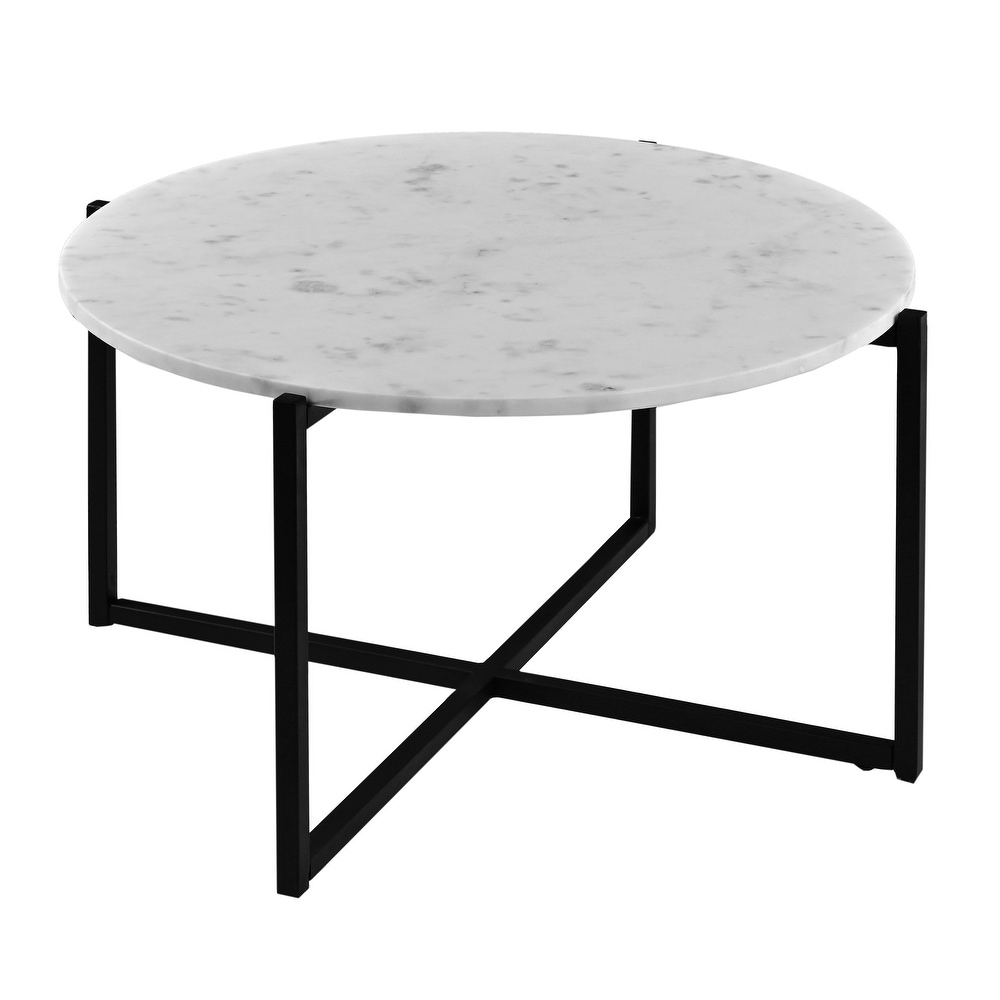 Ivy 30 Inch Marble Top Round Coffee Table with Metal Frame  White and Black