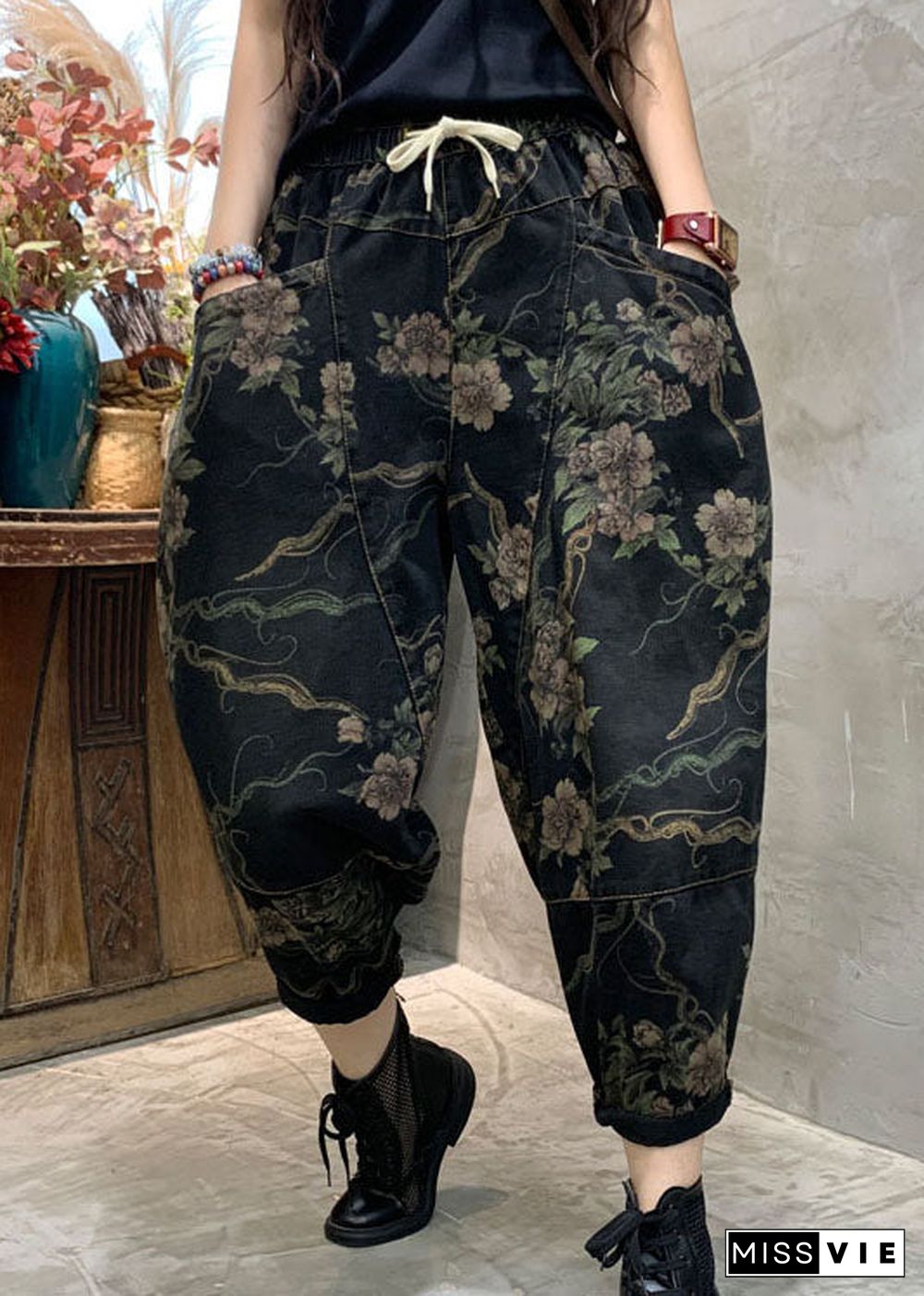 Unique Black retro Cinched Print denim Pants Trousers Spring