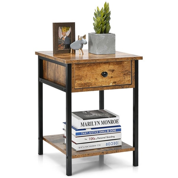 Industrial End Side Table Nightstand with Drawer Shelf - 16'' x 16'' x 22'' (L x W x H)