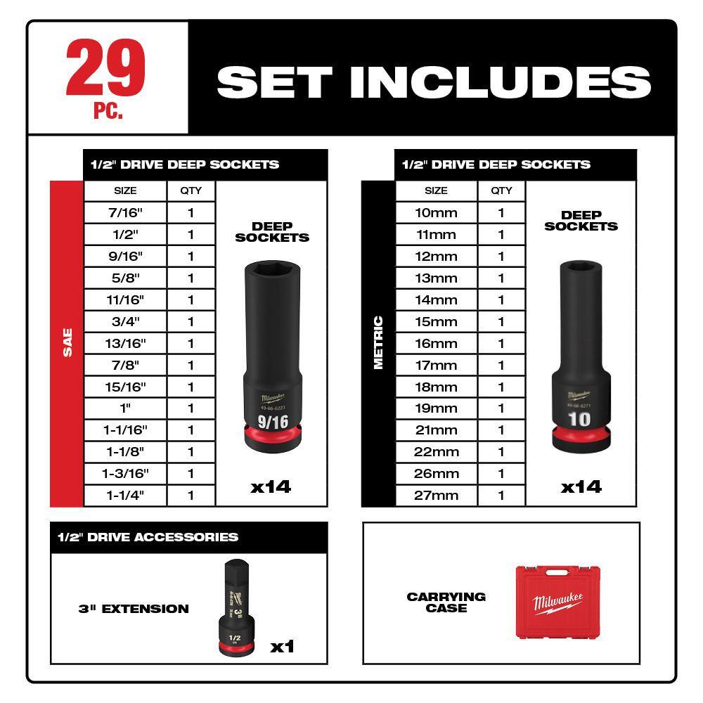 MW SHOCKWAVE 12 in. Drive SAE and Metric 6 Point Impact Socket Set (29-Piece) 49-66-7016