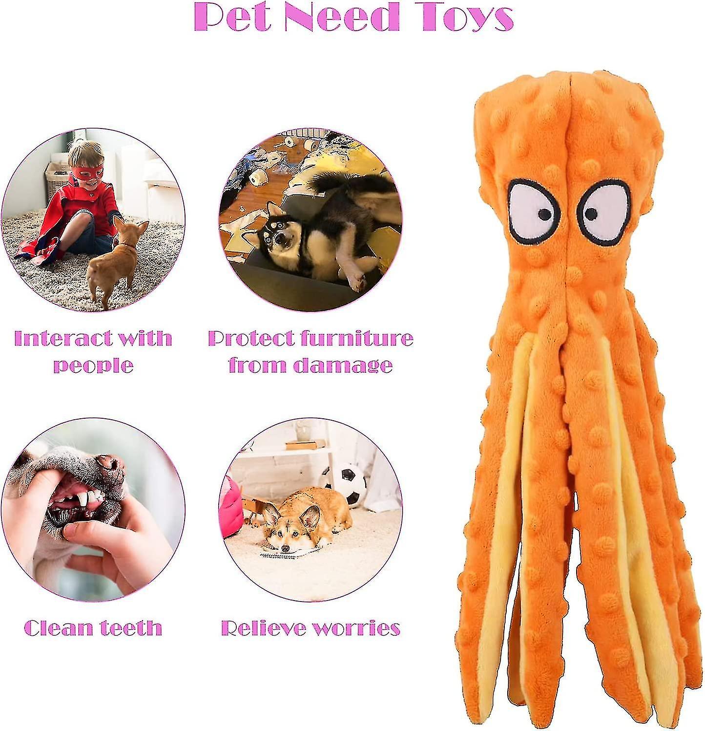 Dog Squeaky Toys Octopus - Crinkle Plush Dog Toys For Teeth Cleaning， Durable Interactive Dog Chew T