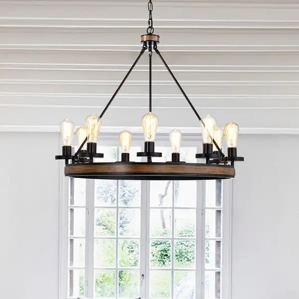 Aada Matte Black Metal 9 Light Wood Grain Finish Wagon Wheel Chandelier 32-Inch Shopping - The Best Deals on Chandeliers