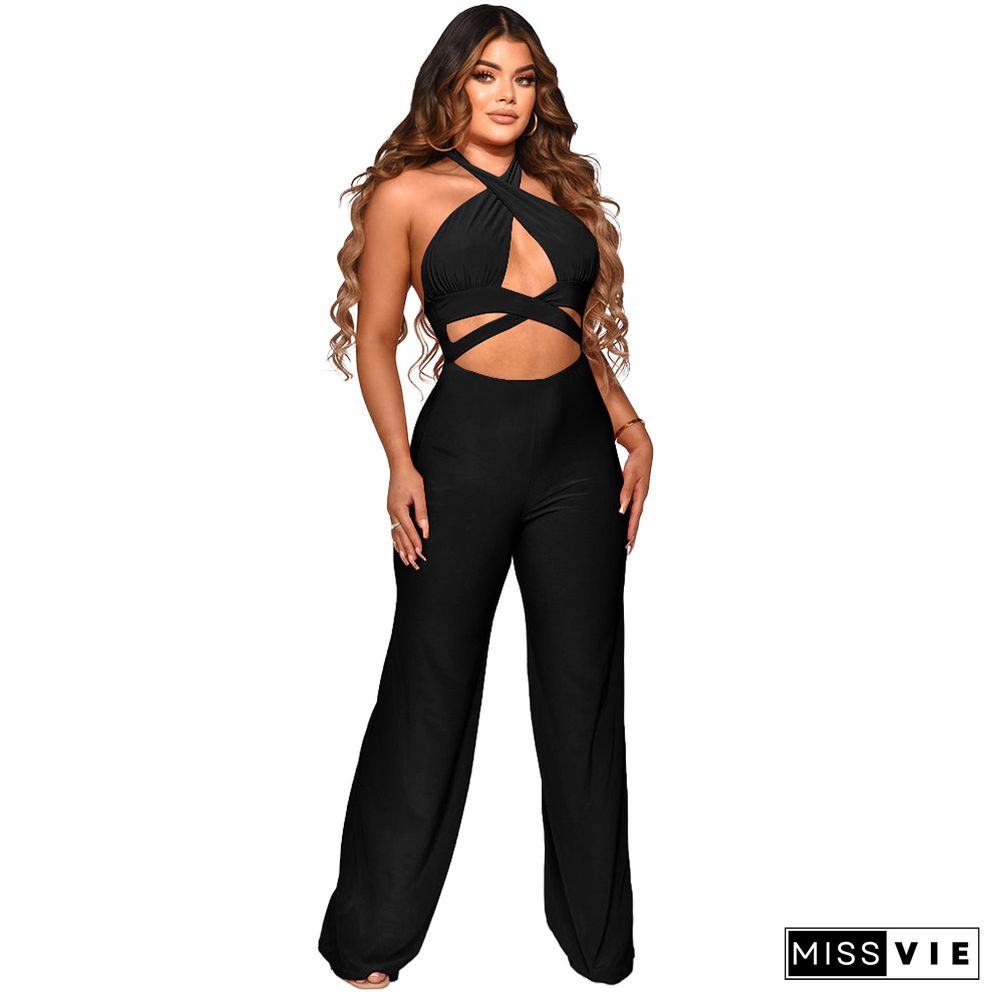 Cut Out Halter Neck Backless Wed Leg Jumpsuit