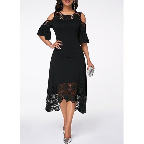 Fashion Women Elegant Crochet Lace Cold Shoulder Long Dress Party Casual Dress Plus Size