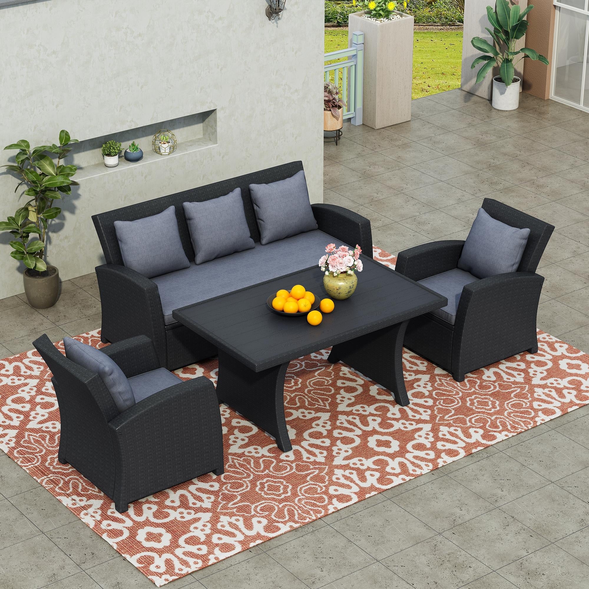 4-Piece Conversation Set Black Wicker Furniture Sofa Set with Dark Grey Cushions -  - 36005383