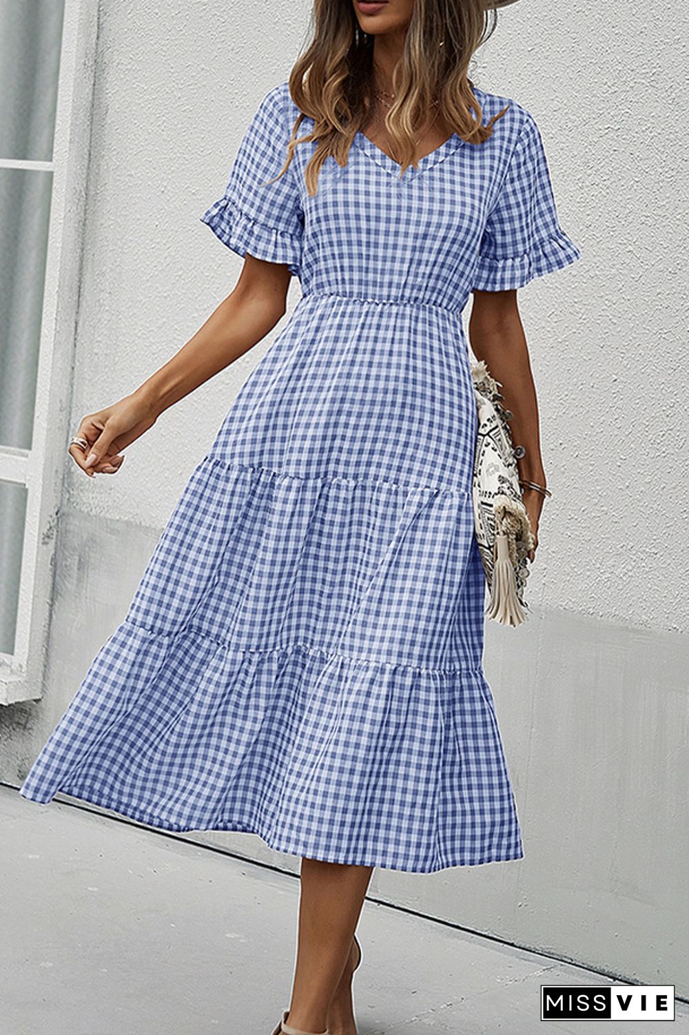 Plaid V-neck Short Sleeve Long Dress Wholesale