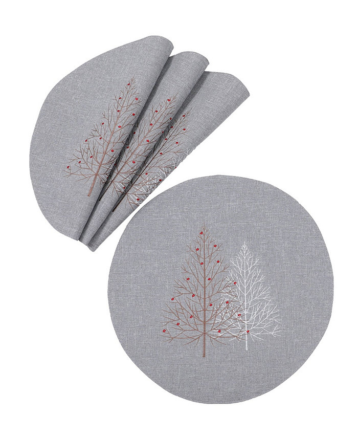 Manor Luxe Festive Trees Embroidered Christmas Placemats 16 Round Set of 4