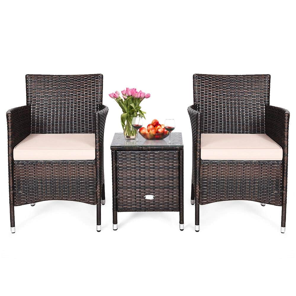 Costway 3-Piece PE Rattan Wicker Patio Conversation Set Outdoor Chairs and Coffee Table with Yellowish Cushion HW63850BN