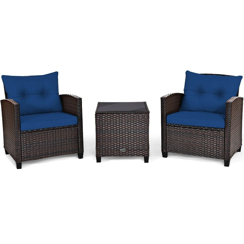 3 Pcs Rattan Patio Conversation Set Outdoor Wicker Sofa Set with Washable Cushions & Coffee Table