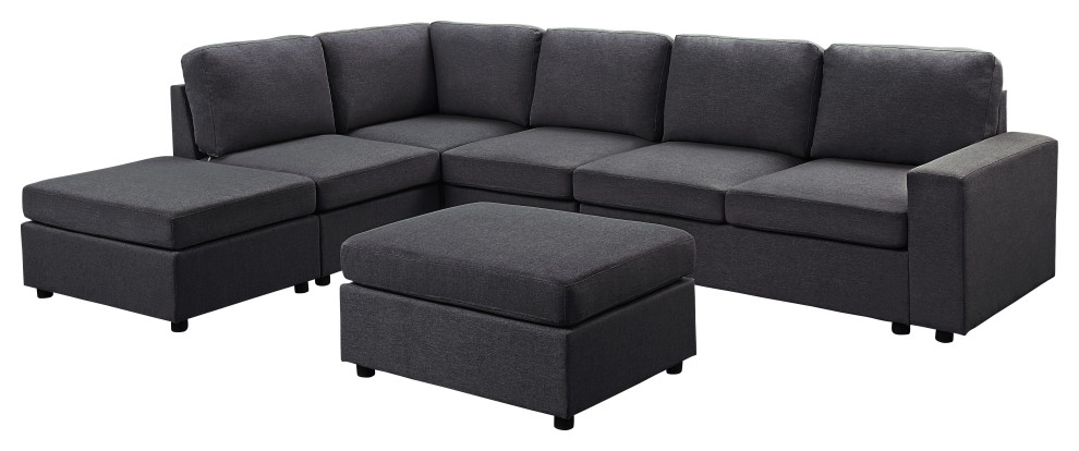 Cassia Modular Sectional Sofa With Ottoman  Dark Gray Linen   Transitional   Sectional Sofas   by Homesquare  Houzz