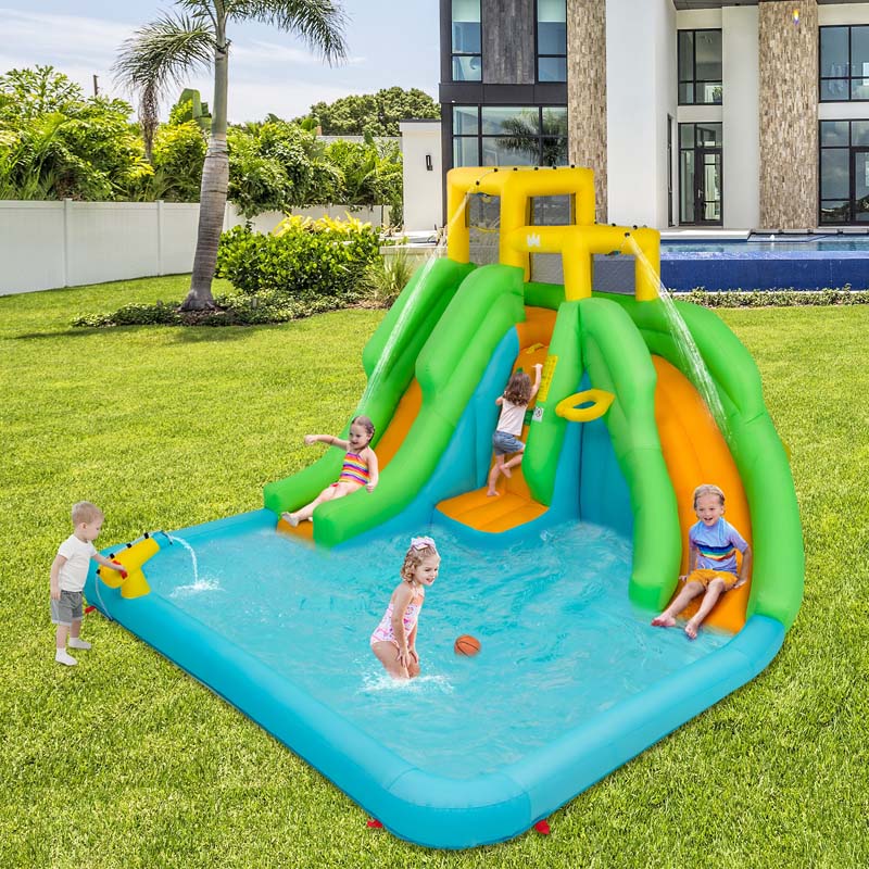 6-in-1 Kids Inflatable Bounce House Dual Slides Water Park with Climbing Wall, Splash Pool, Water Cannon, Air Blower