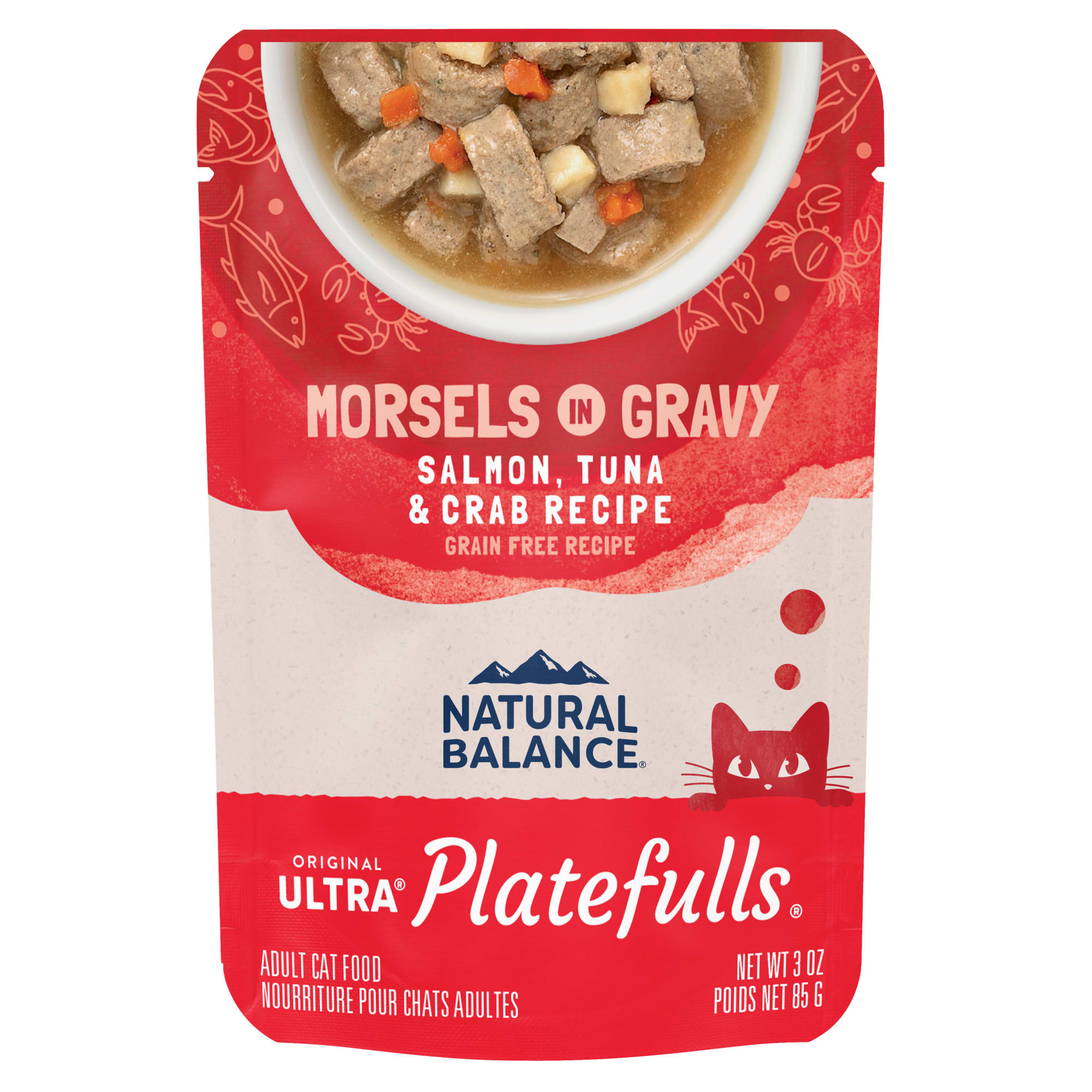 Natural Balance Platefulls Salmon，Tuna  Crab Formula in Gravy Adult Wet Cat Food， 3 oz.， Case of 24