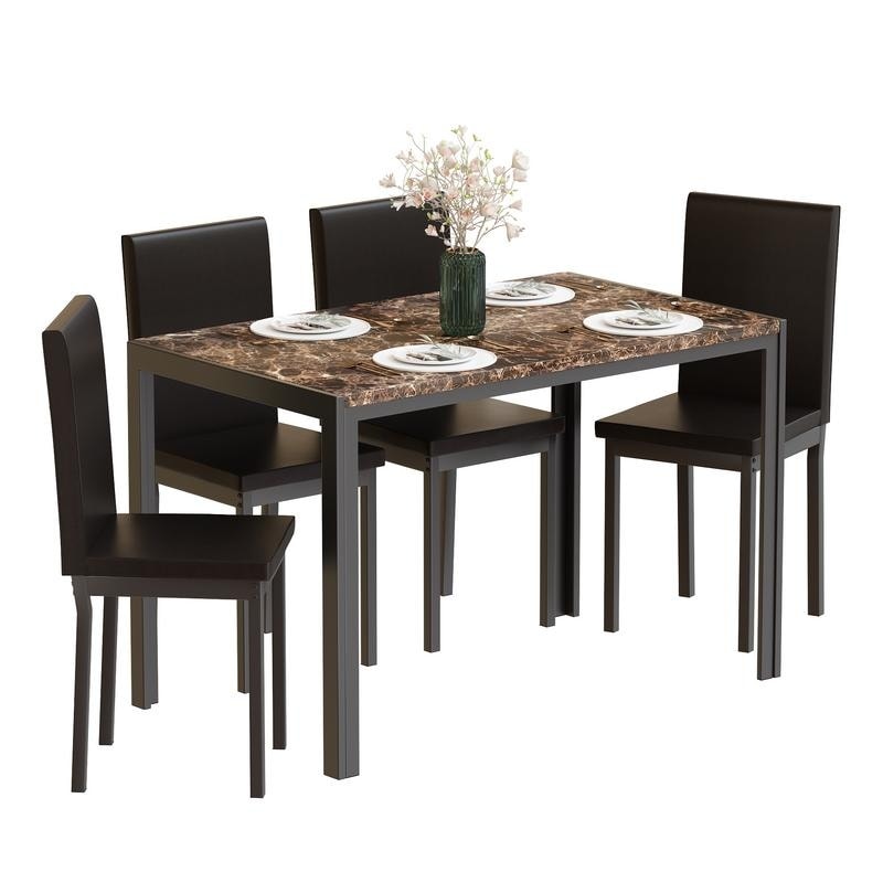 Modern Faux Marble 5 Pieces Kitchen Dining Set with 4 Cushion PU Leather Chairs