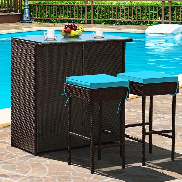 Costway 3PCS Patio Rattan Wicker Bar Table Stools Dining Set Cushioned