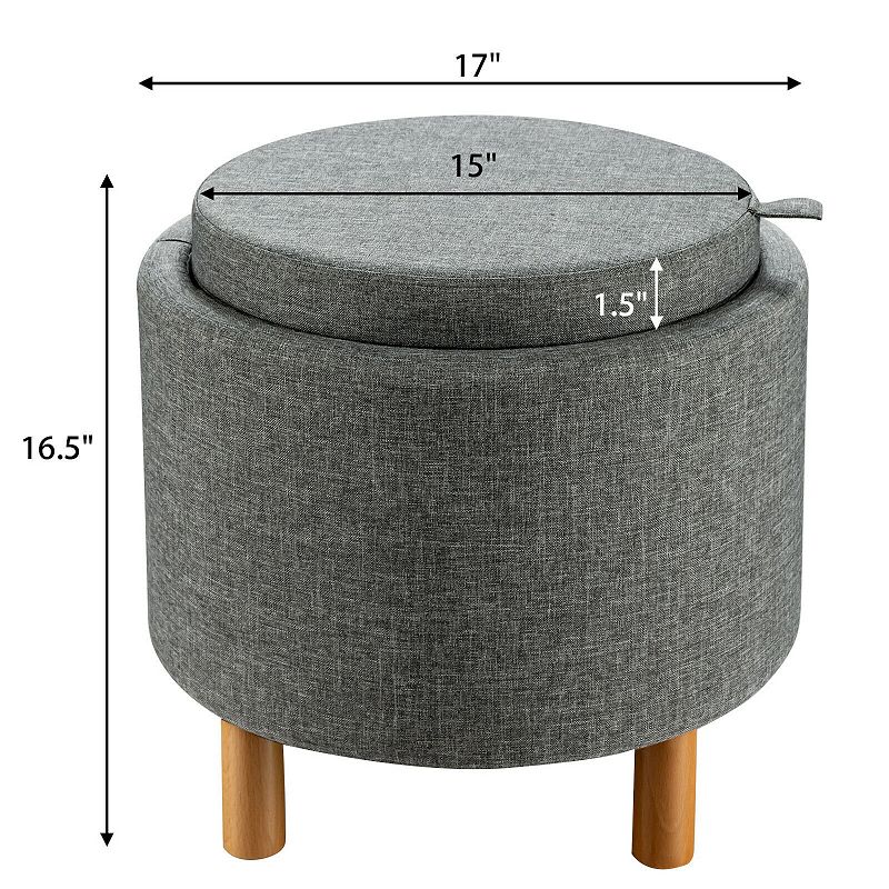 Round Fabric Storage Ottoman with Tray and Non-Slip Pads for Bedroom