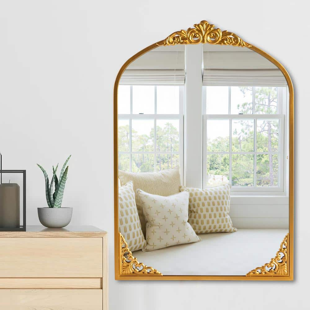 NEUTYPE 26 in. W x 38 in. H Classic Arched Metal Framed Gold Wall Decorative Mirror A-MR05062