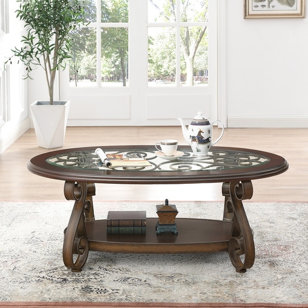 Oaks Aura Dark Brown French Country Coffee Table with Glass Table Top and Powder Coat Finish Metal Legs