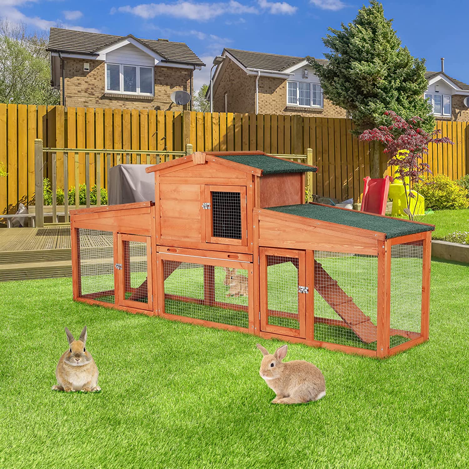 Arlopu 80.3'' Rabbit Cage Fir Wood Rabbit Hutch Outdoor Yard Small Animal Bunny Cage with Asphalt Roof