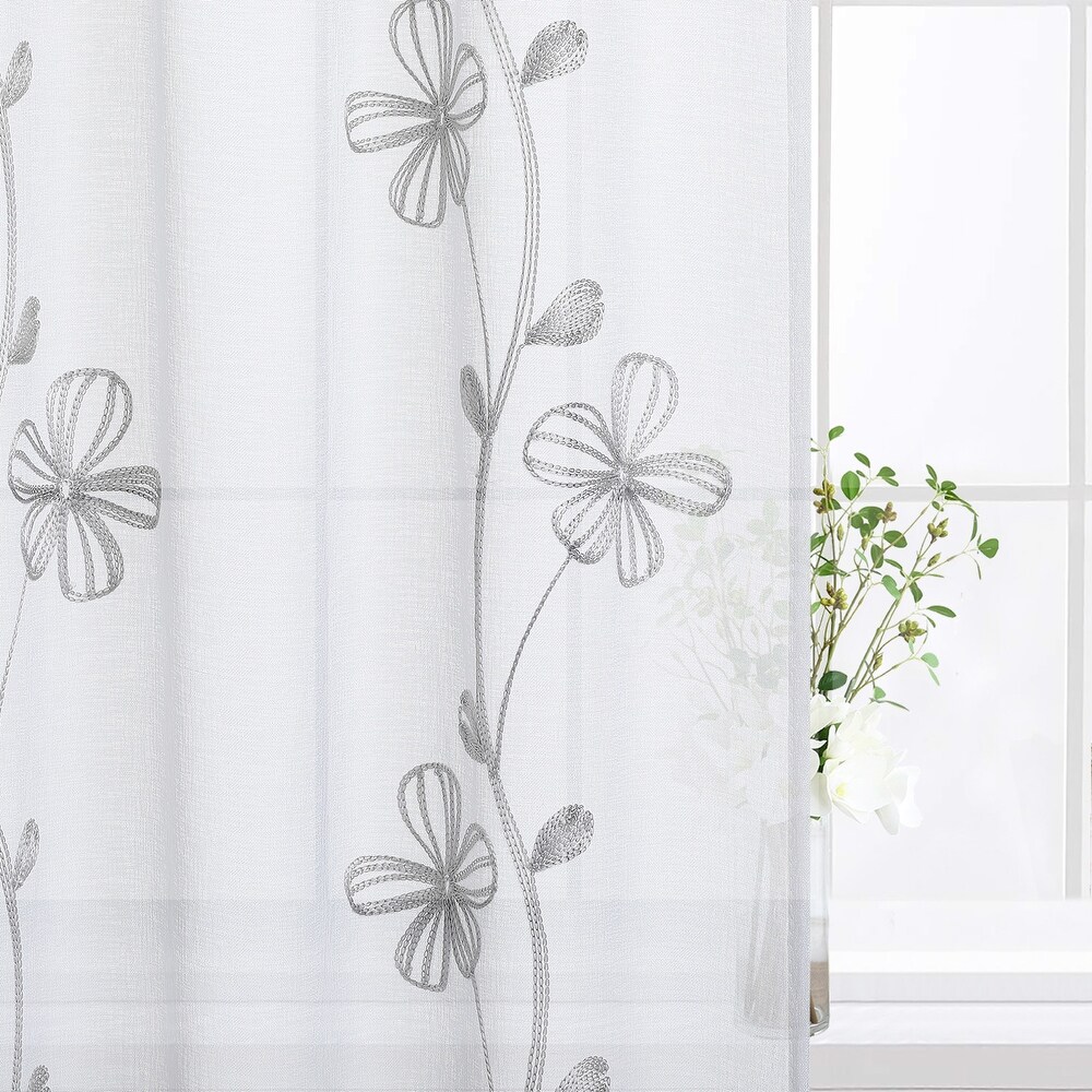 Sheer Kitchen Tier Curtains  Floral Embroidered Semi Sheer Short Curtain