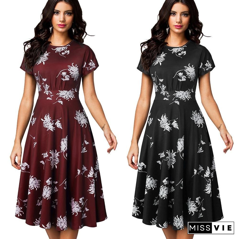 Women Vintage Elegant Floral Print Pleated Round neck A-Line Pinup Party Dress Black Dresses