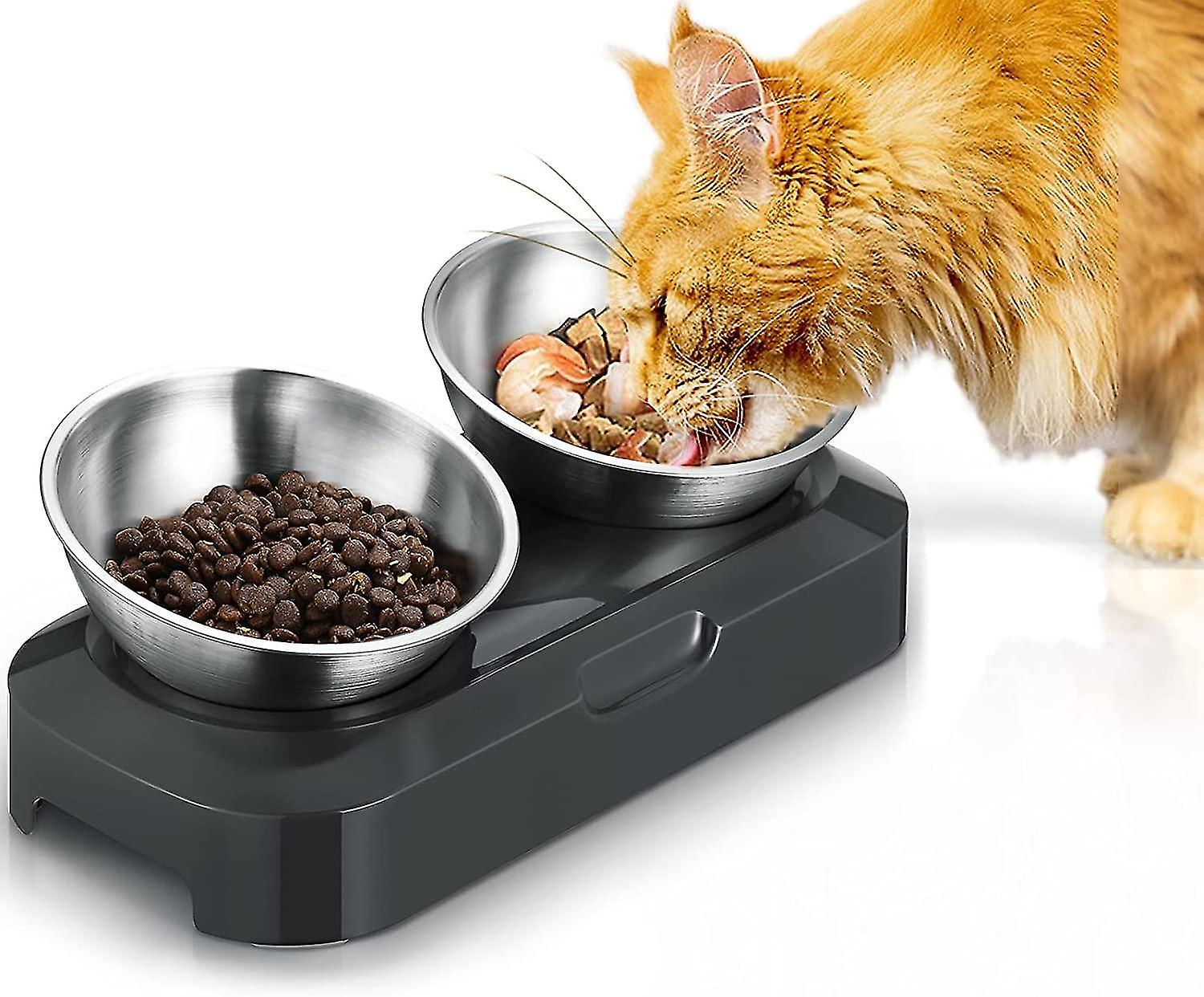 Less Steel Raised Cat Dog Bowl， 400ml X2 Double Bowl For Cat Dog ， Non-slip No Spill