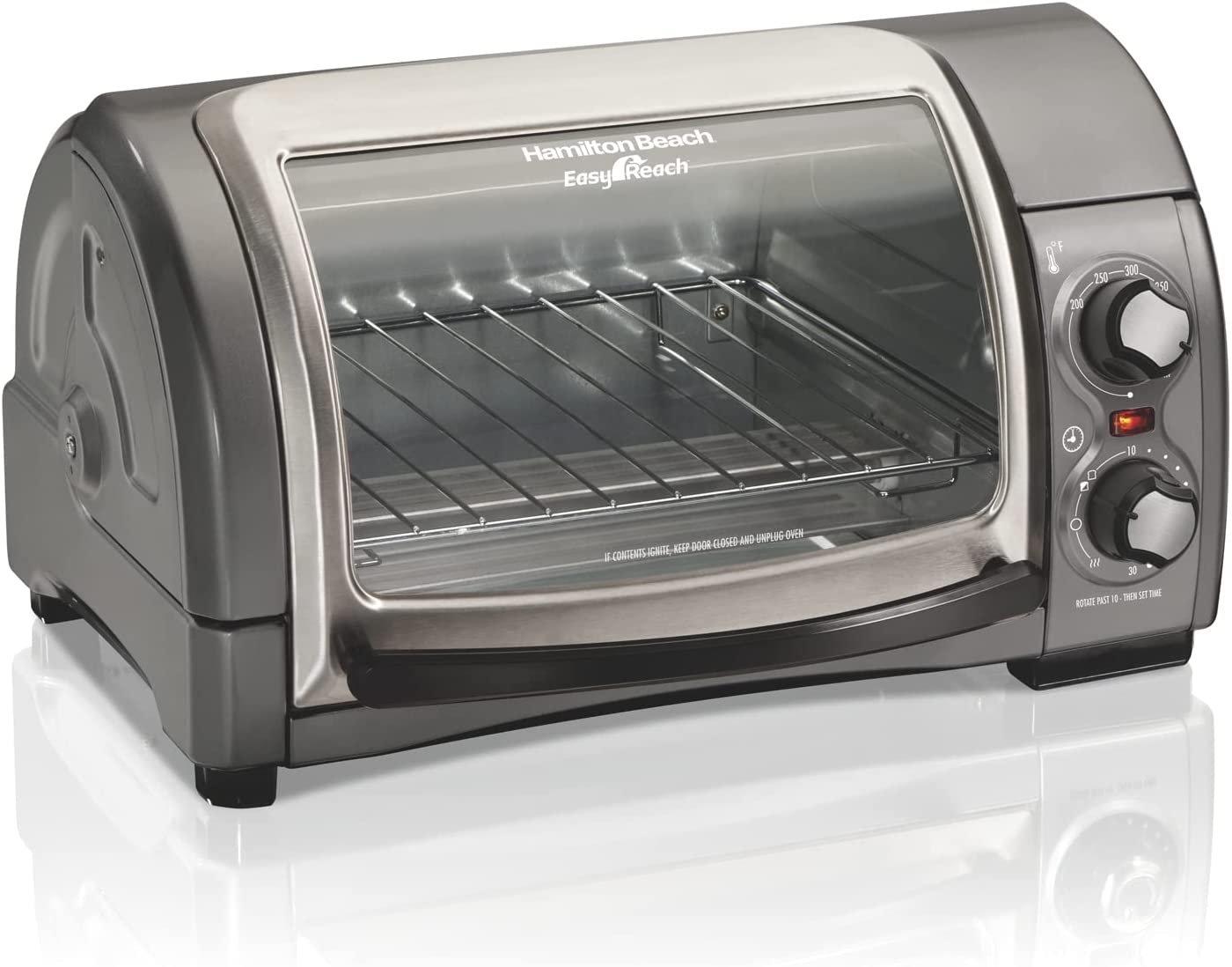 Hamilton Beach Easy Reach 4-Slice Countertop Toaster Oven With Roll-Top Door， 1200 Watts， Fits 9” Pizza， 3 Cooking Functions for Bake， Broil and Toast， Silver (31344DA)