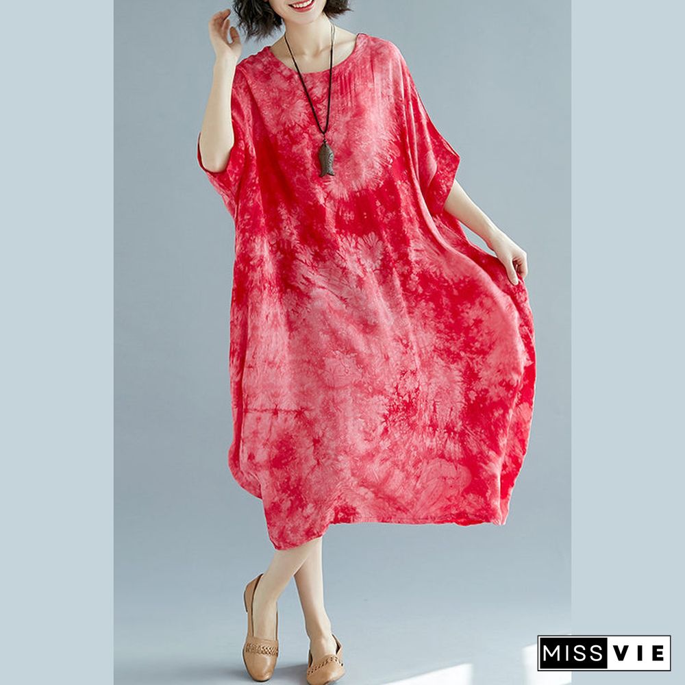 baggy red linen dresses oversize O neck floral linen gown Elegant short sleeve baggy dresses linen caftans