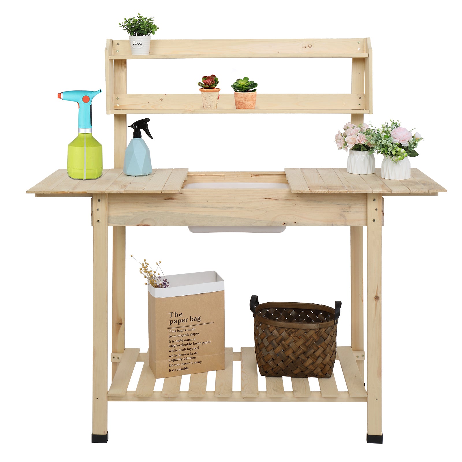 Luckinbaby Sliding Table-top Garden Workbench, Wood Gardening Desk with Shelves