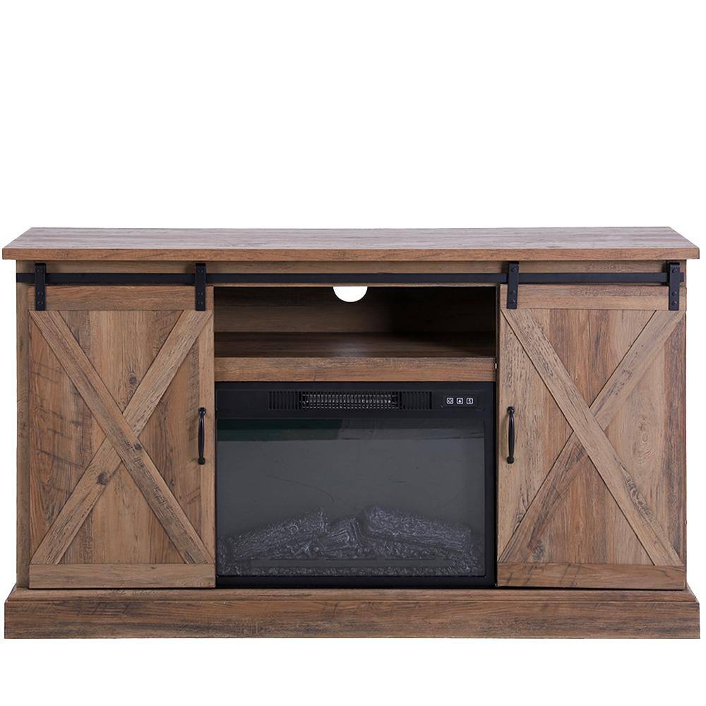 PHI VILLA 47 in. Rustic Barnwood Sliding Double Barn Door Electric Fireplace TV Stand THD-IF-490-18