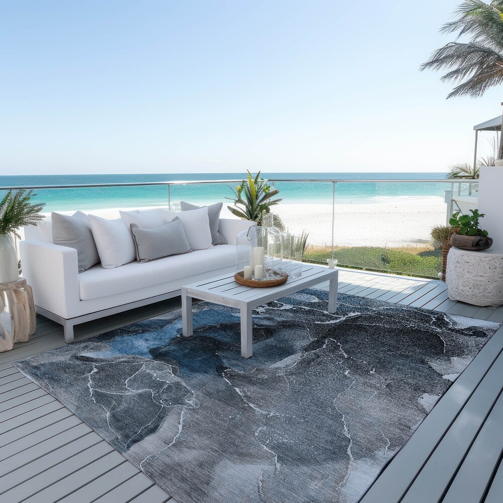 Machine Washable Indoor/ Outdoor Chantille Abstract Blue Rug