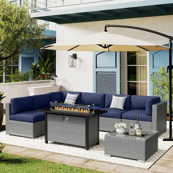 8Piece Outdoor Patio Furniture Grey Wicker Sectional Sofa Set with Fire Pit Table