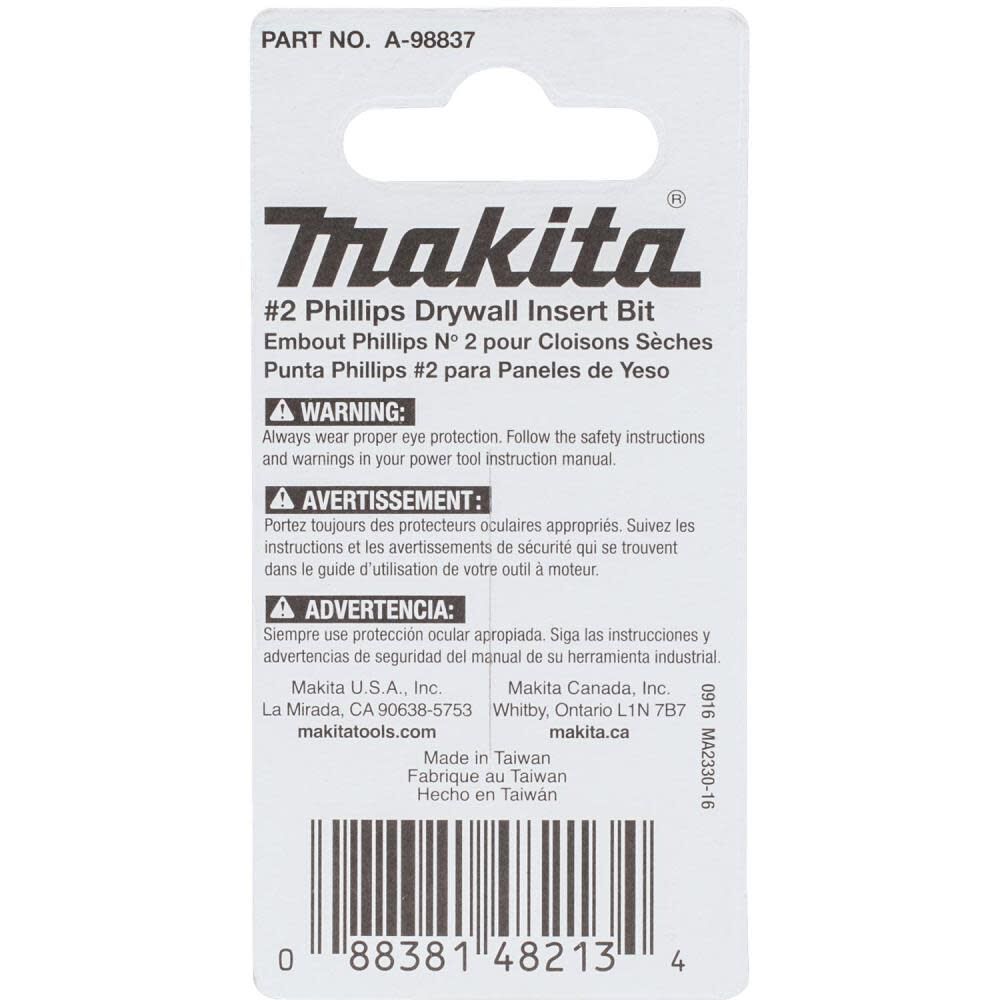 Makita Impact X #2 Phillips Drywall 1 Insert Bit 2/pk A-98837 from Makita