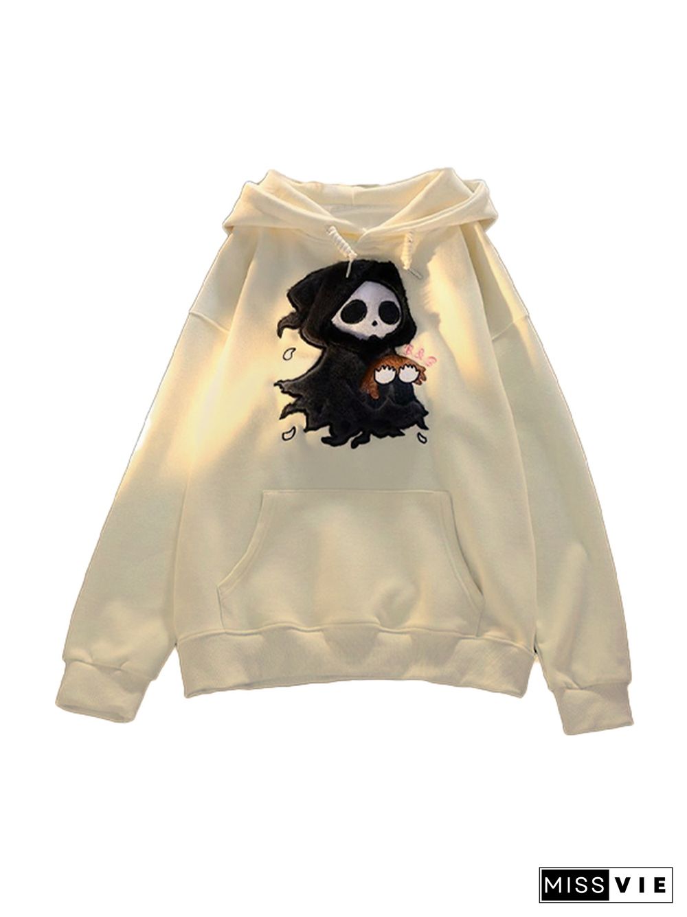 Fuzzy Cartoon Ghost Embroidered Oversized Hoodie