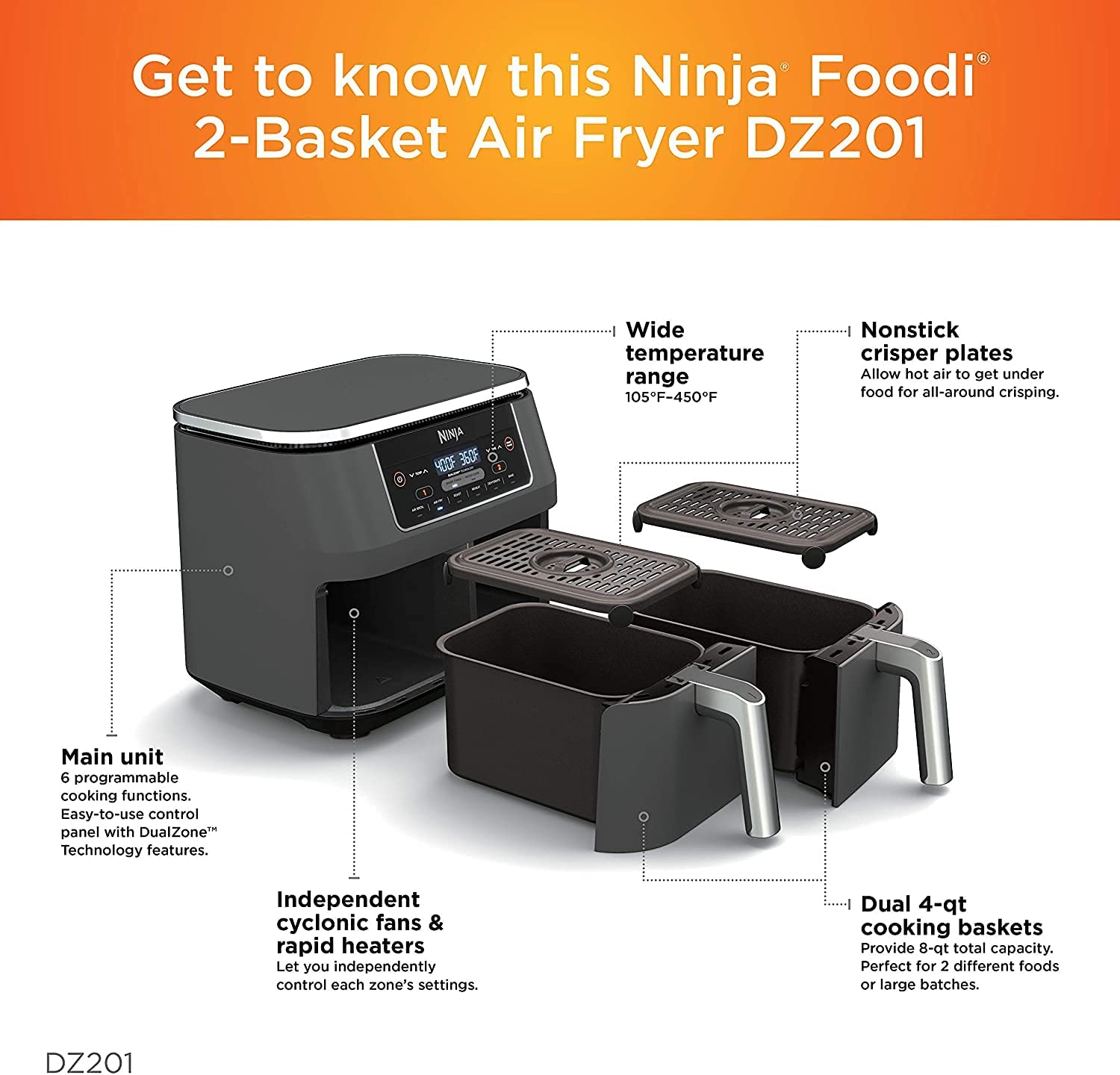 Ninja DZ201 Foodi 6-in-1 8-Qt. 2-Basket Air Fryer with DualZone Technology