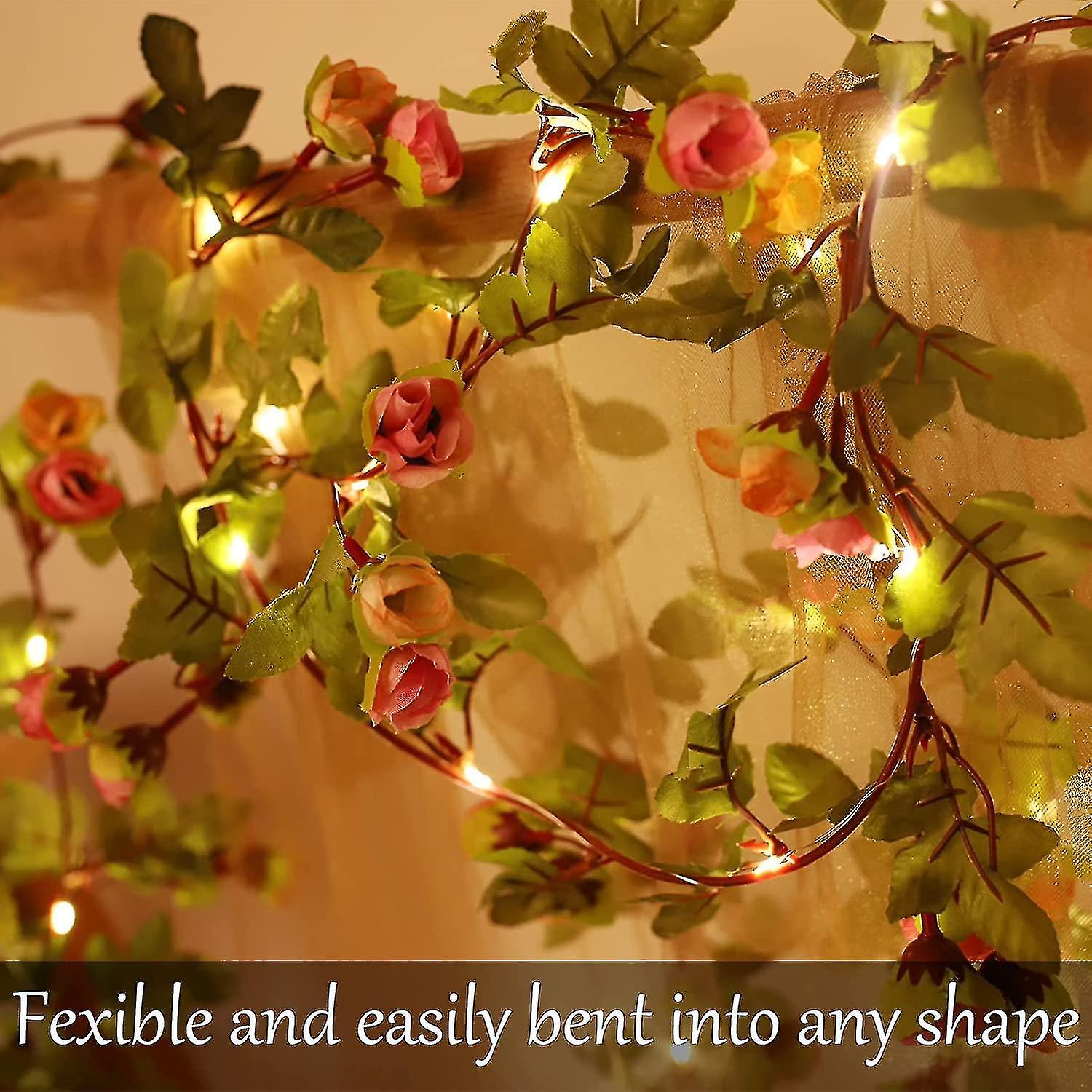 20led 7.2ft Artificial Flower Rose Vine String Lights， Battery Powered Rose Flower Garland Plant Fai