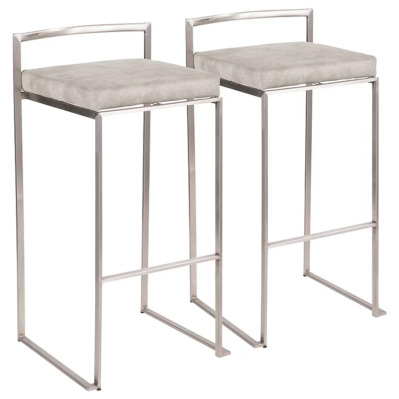 Set of 2 Silver and Light Gray Square Cushioned Fuji Stackable Barstool 34