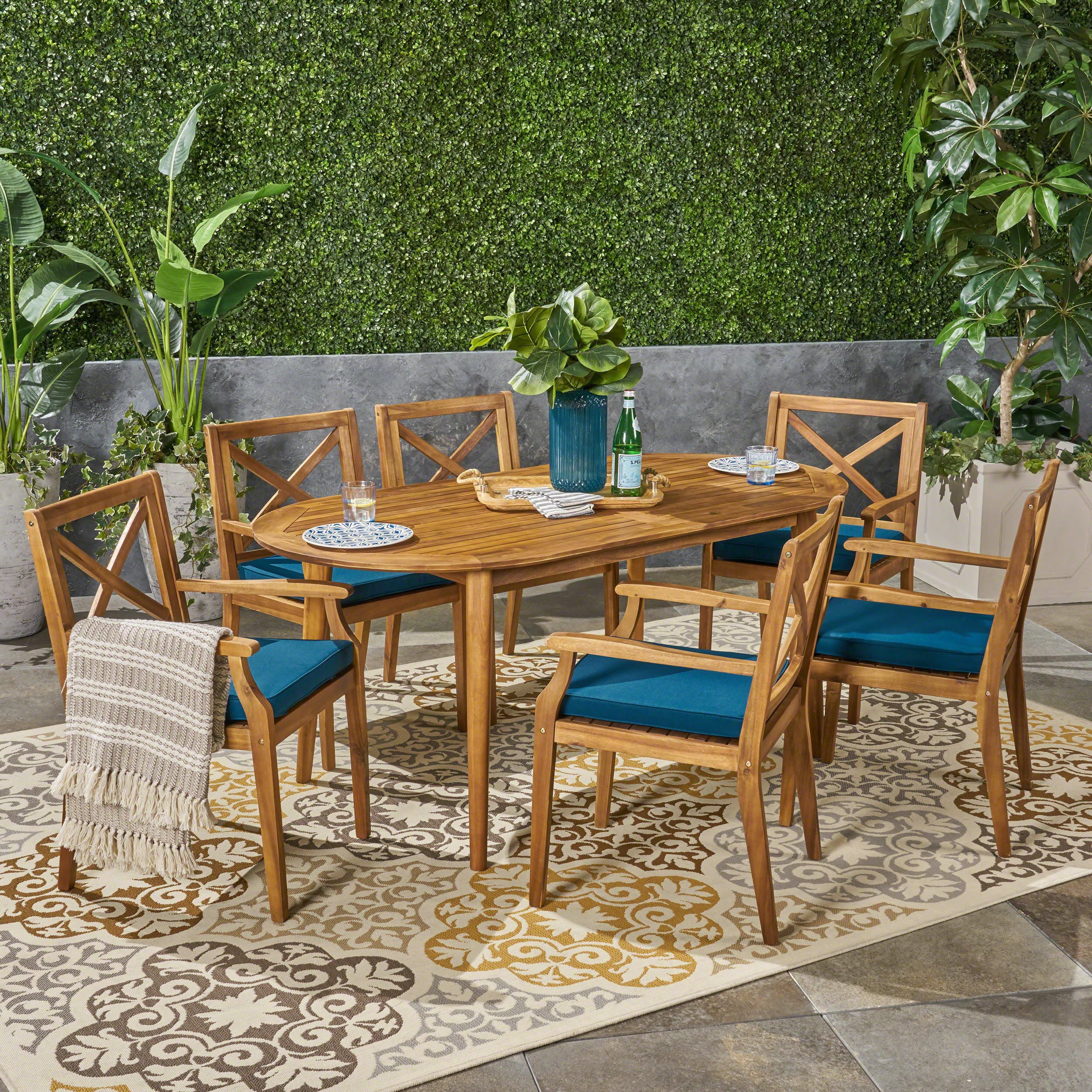 Byrd Outdoor 7 Piece Acacia Wood Dining Set