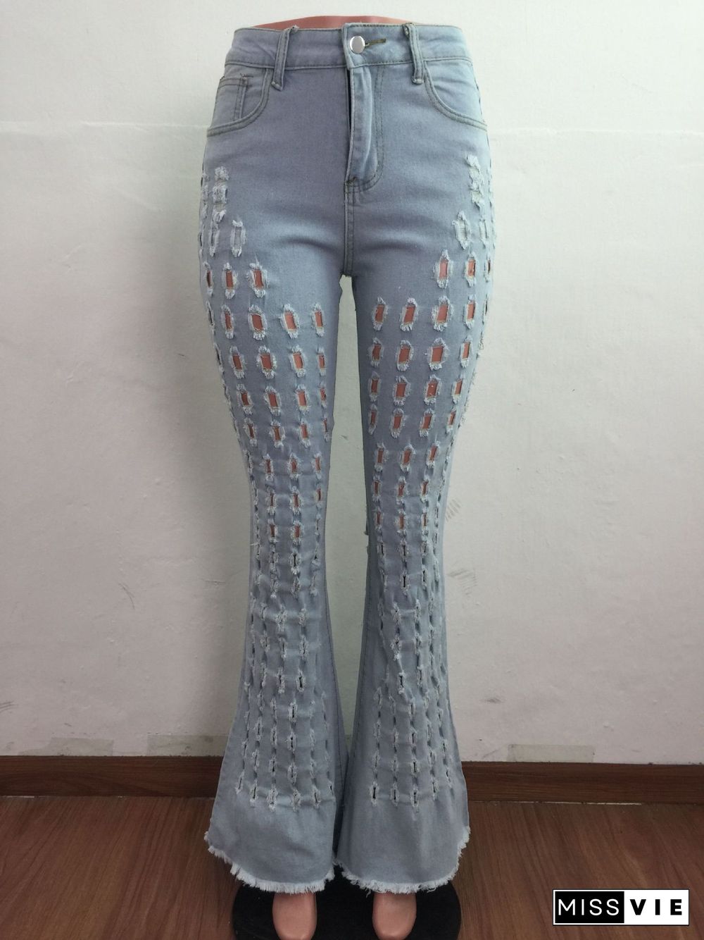 Sexy Stretch Denim Flared Pants With Ripped Holes