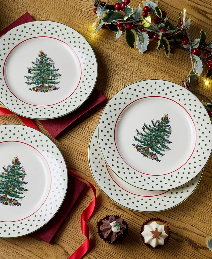 Spode Christmas Tree Polka Dot Dessert Plates Set of 4