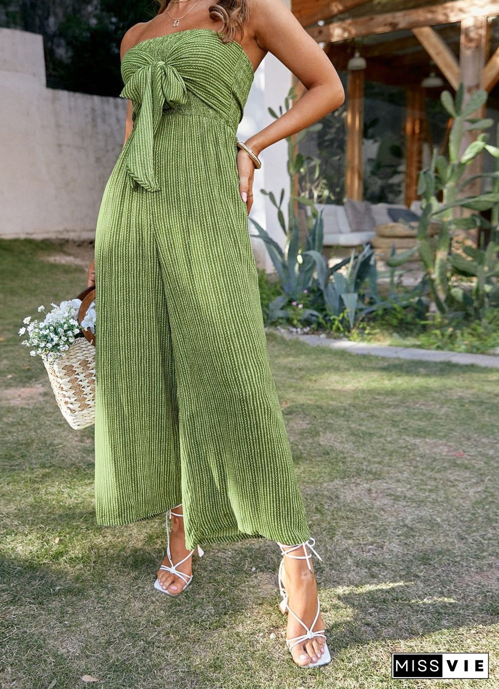 Sexy Strapless Green Tube Jumpsuit Summer Women Holiday Stripes Lace Up Wide Leg Jumpsuits High Waist Knot Long Overall