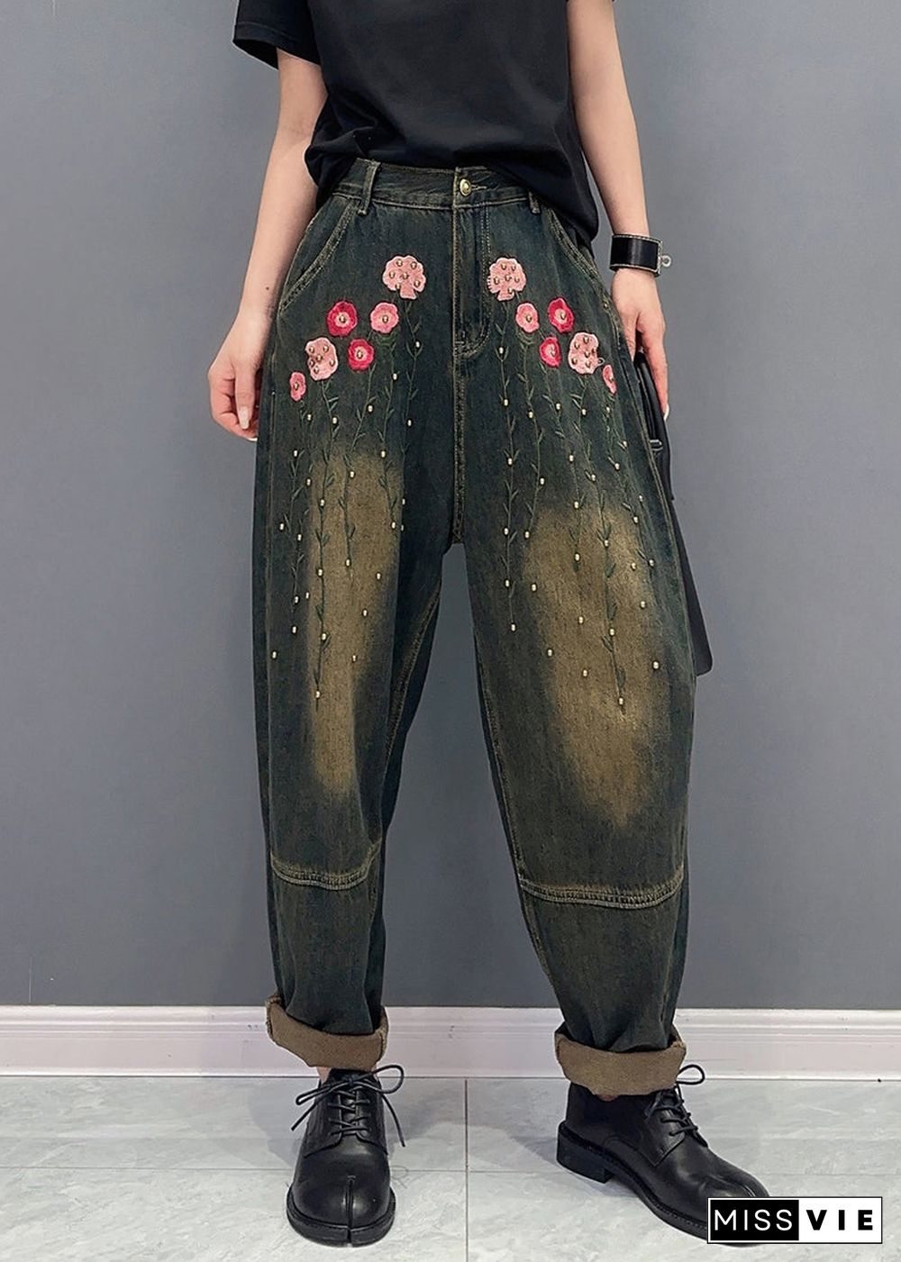 Floral Rivet Patchwork Denim Pockets Harem Pants Fall