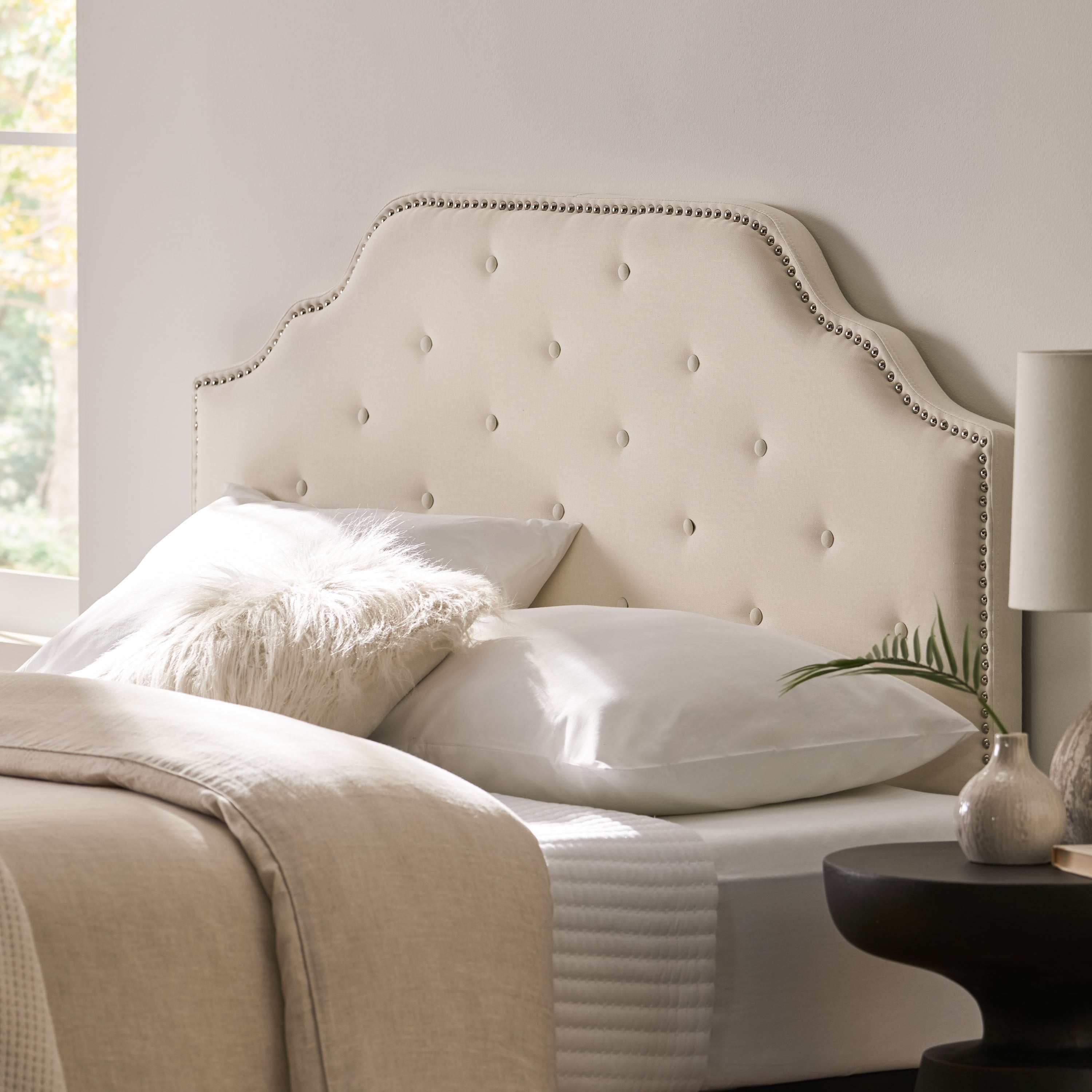 Soleil Studded Edge Ivory Fabric Queen/Full Headboard