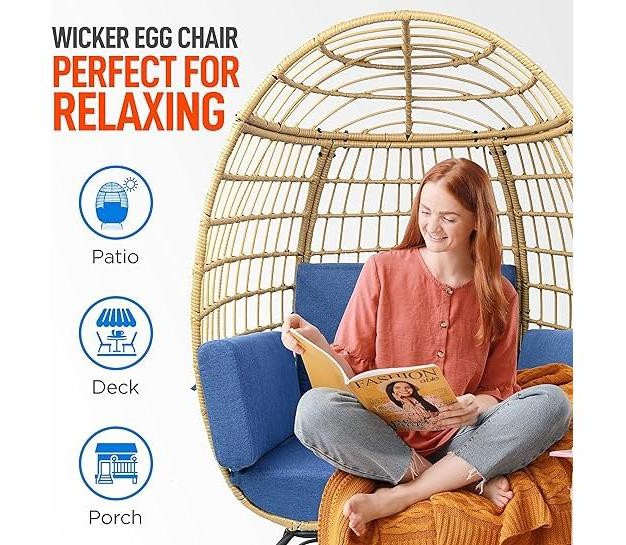 Serenelife Wicker Rattan Egg Chair Indoor Outdoor Blue Sofa Chair For Patio Backyard And Living Room With 4 Cushions And Powder Coated Steel Frame