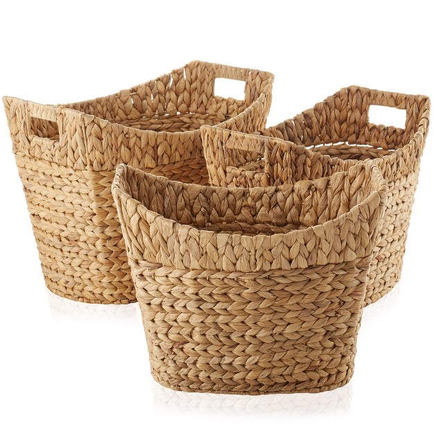 Casafield Set Of 3 Water Hyacinth Oval Baskets With Handles Woven Storage Totes For Blankets Laundry Bathroom Bedroom Living Room