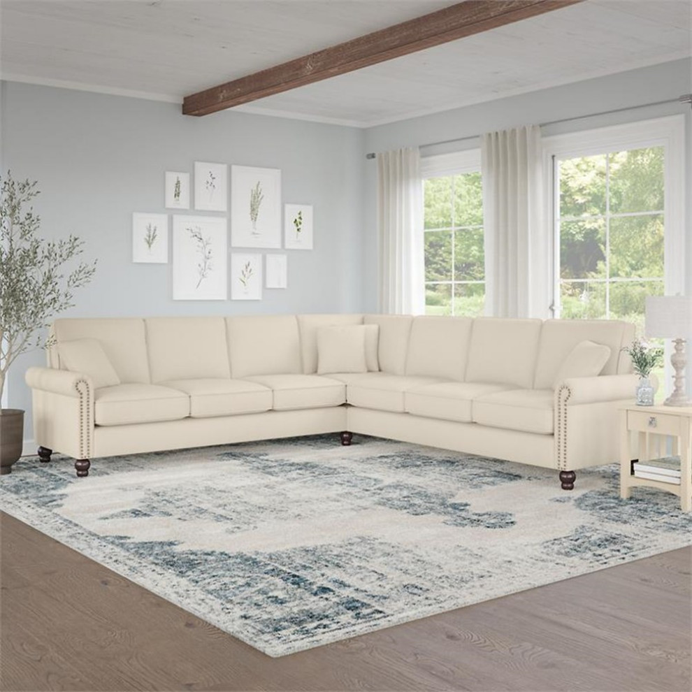 Pemberly Row 111W L Shaped Sectional in Cream Herringbone Fabric   Traditional   Sectional Sofas   by Homesquare  Houzz